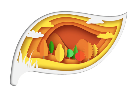 Nature landscape of autumn forest abstract background.Paper art of leaf shape with ecology and environment conservation creative idea concept design Vector illustration.のイラスト素材