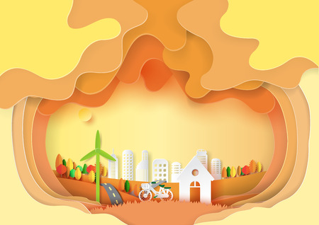 Urban countryside and cityscape of nature autumn forest abstract background.Paper art of ecology and environment conservation creative idea concept design Vector illustration.のイラスト素材