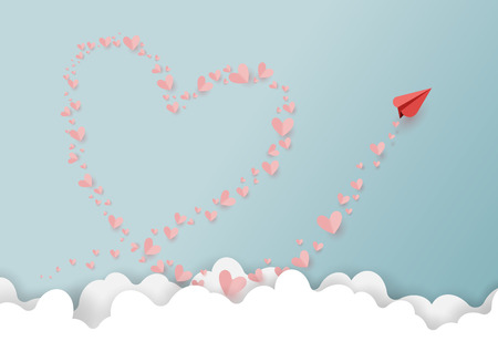 Paper art style of valentine's day greeting card with heart and love concept.Paper airplane and hearts shape Floating on cloud and blue sky.Vector illustration.のイラスト素材