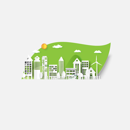 Eco city on green leaf background.Paper art of renewable energy ecology and environment conservation creative idea concept design.Vector illustration.のイラスト素材