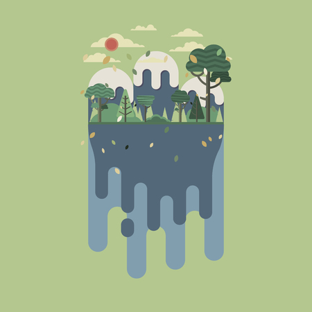 Green nature forest silhouette and mountains landscape abstract background.Ecology and environment conservation concept flat design.Vector illustration.のイラスト素材