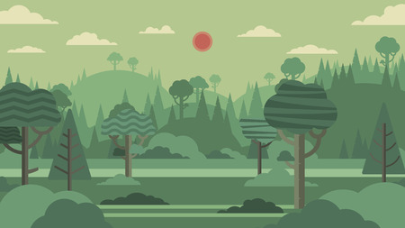 Green forest silhouette and mountains landscape abstract background.Nature and environment conservation concept flat design.Vector illustration.のイラスト素材