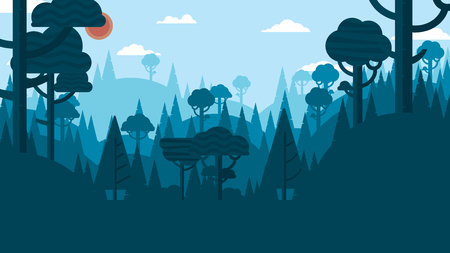 Silhouette nature forest and mountains landscape abstract background.Ecology and environment conservation concept flat design.Vector illustration.のイラスト素材