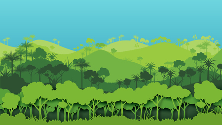 Green silhouette forest landscape background.Nature and environment conservation concept of paper art style.Vector illustration.のイラスト素材