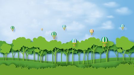 Green silhouette forest plantation and blue sky landscape abstract background designのイラスト素材