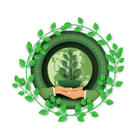 Hand holding green plant with floral frame.Nature and eco friendly of ecology and environment conservation concept paper art style design.Vector illustration.のイラスト素材