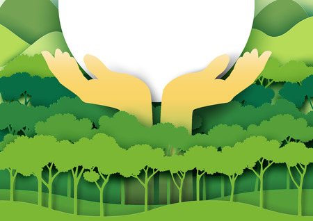 Save the world with ecology and environment conservation concept.Green forest and urban landscape paper art style.Vector illustration.のイラスト素材