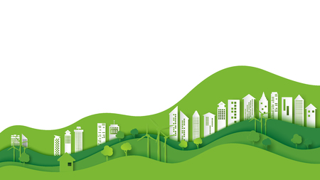 Ecology and environment conservation creative idea concept design.Green eco urban city and nature landscape background paper art style.Vector illustration.のイラスト素材