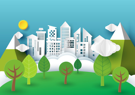Nature urban forest landscape creative idea concept design.Origami city on blue sky paper art style.Vector illustrationのイラスト素材