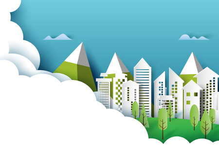 Green city and nature urban forest landscape creative idea concept design.Paper art style of ecology and environment conservation.Vector illustrationのイラスト素材