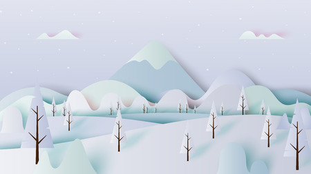 Winter landscape with trees and mountains paper art style design vector illustration.のイラスト素材