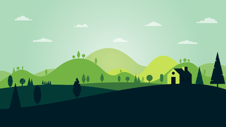 Green silhouette forest landscape with house and mountains abstract background vector illustration.のイラスト素材