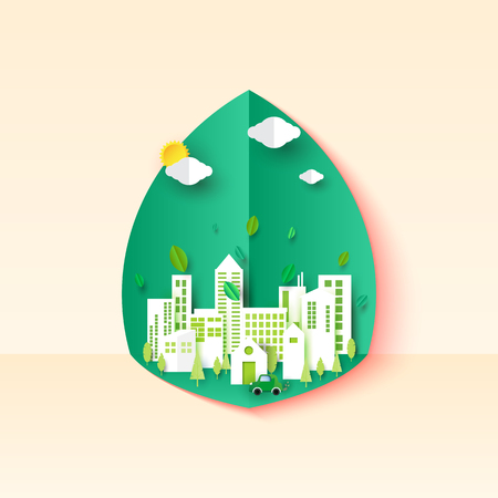 Eco environment urban cityscape with green leaf background.Paper art vector illustration.のイラスト素材