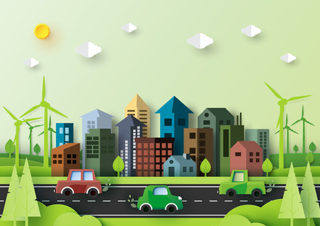 Eco green energy city and urban nature landscape environment paper art style.Vector illustration.のイラスト素材