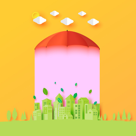Summer season with umbrella protect the city from sunlight.Paper art vector illustration.のイラスト素材