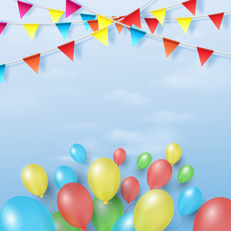 Balloons and colored flags on blue sky background.のイラスト素材