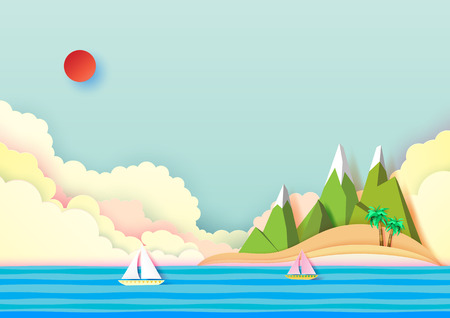 Summer island and travel concept design with sailboat and blue wave ocean background.Paper art vector illustrationのイラスト素材