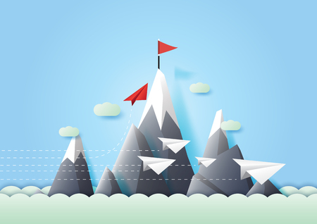 Business teamwork and leadership concept with Red paper plane change direction to the red flag.Paper art vector illustration.のイラスト素材