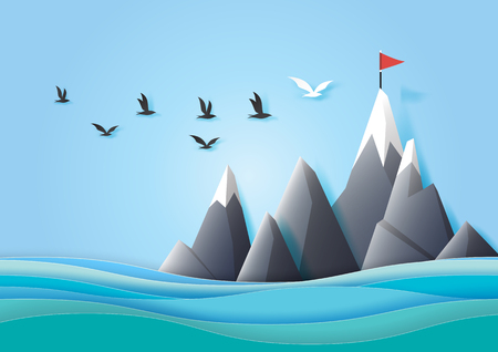 Creative ideas teamwork and leadership concept with paper birds flying to red flag on the mountain.Paper art vector illustration.のイラスト素材