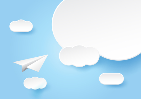 White paper plane fying on clouds and blue sky background.Paper art vector illustration.のイラスト素材