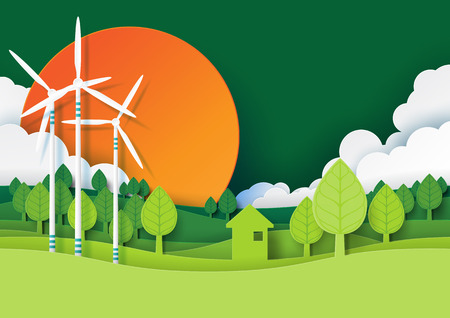 Ecology and environment conservation creative idea concept design.Eco green energy and nature landscape background paper art style.Vector illustration.のイラスト素材