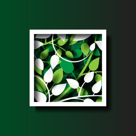 Paper cut of tropical green leaves of plants with origami white frame template abstract background.Vector illustration.のイラスト素材