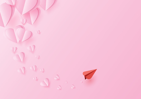 Love concept with red paper plane and floating origami pink hearts.Paper art vector illustration.のイラスト素材