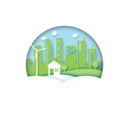 Eco friendly urban city on nature scene landscape background.Ecology and environment conservation concept idea.Paper art style vector illustration.のイラスト素材