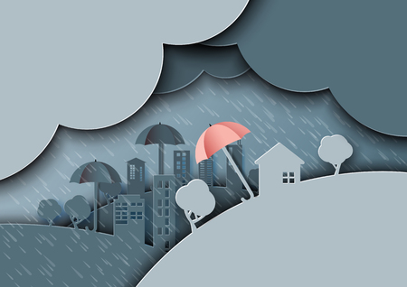 Raining day on the city. Rainy season monsoon background with umbrellas paper art style.Vector illustration.のイラスト素材