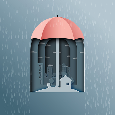 Monsoon background with umbrella protect the city from rain.Paper art style vector illustration.のイラスト素材