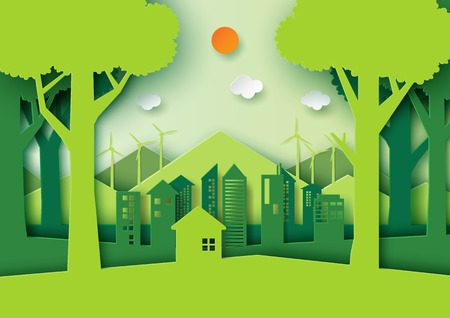 Green eco friendly city and nature forest landscape.Ecology and environment conservation concept idea design.Paper art style vector illustration.のイラスト素材