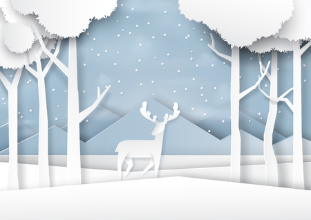 Deers on snow and winter season forest landscape background paper art style for merry christmas and happy new year.Vector illustration.のイラスト素材