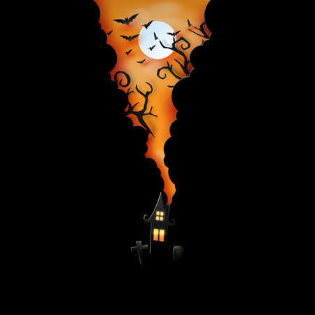 Paper art of halloween night background.Dark castle and full moon with spooky forest.Vector illustration.のイラスト素材