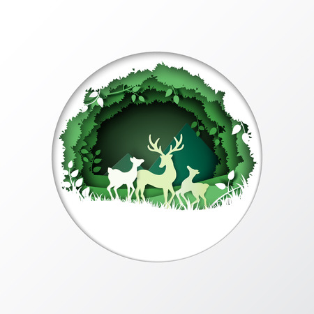 Nature concept with ecology and environment conservation.Green forest and deers wildlife with natural background layers paper art style.Vector illustration.のイラスト素材