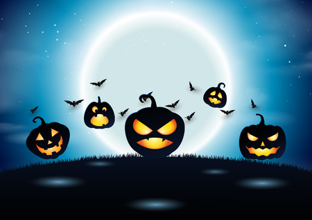Halloween pumpkins at graveyard on full moon night background.Paper art vector illustration.のイラスト素材