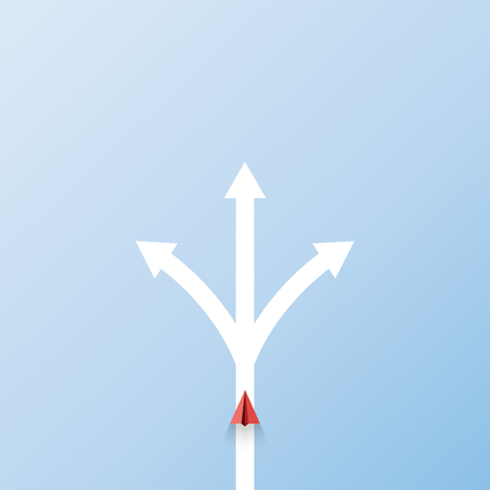 Business decision and leadership concept with red paper airplane flying above arrow three way junction paper art style.Vector illustration.のイラスト素材