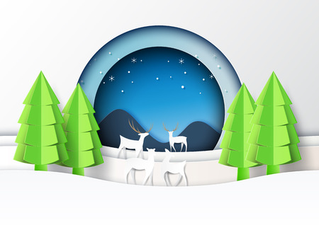 Snow and winter season with deers family and christmas tree for merry christmas and happy new year paper art style.Vector illustration.のイラスト素材