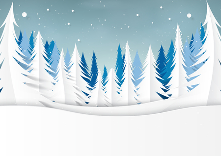 Snow and pine forest on winter season landscape background for merry christmas and happy new year paper art style.Vector illustration.のイラスト素材