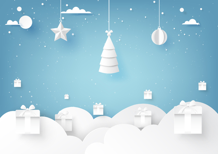 Stars,christmas tree and christmas ball hanging on blue sky winter season background for merry christmas and happy new year paper art style.Vector illustration.のイラスト素材