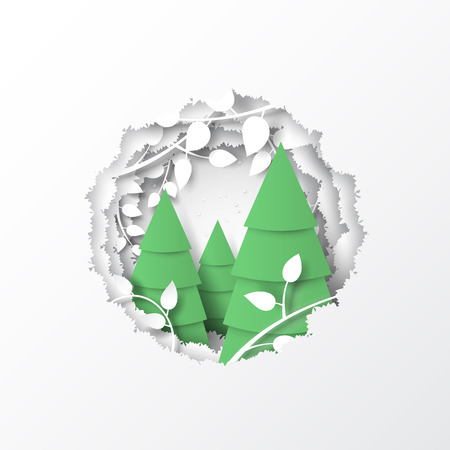 Nature and winter season concept with paper cut of christmas trees and winter landscape abstract background.Paper art style vector illustration.のイラスト素材