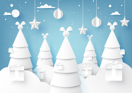 Stars,christmas ball and christmas trees on blue sky winter season background for merry christmas and happy new year paper art style.Vector illustration.のイラスト素材