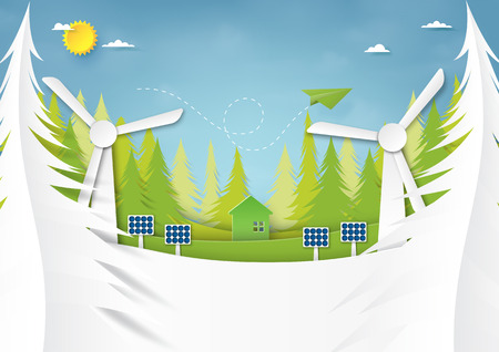 Ecology and environment conservation creative idea concept design.Green energy and nature landscape background paper art style.Vector illustration.のイラスト素材
