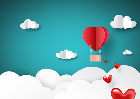 Paper art style of love concept greeting card with red hot air balloon flying on sky.Vector illustration.のイラスト素材