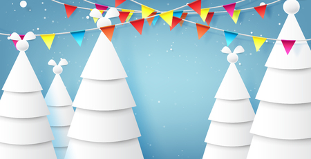 Origami christmas trees and blue sky on winter season landscape background for merry christmas and happy new year paper art style.Vector illustration.のイラスト素材