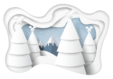 Winter season concept with paper cut of christmas trees and nature landscape abstract background.Paper art style vector illustration.のイラスト素材