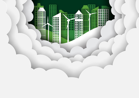 Green eco cityscape background template paper art style.Ecology and environment conservation creative idea concept.Vector illustration.のイラスト素材