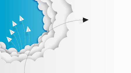 Paper art style of business teamwork and one different vision creative concept idea.Paper airplanes flying on blue sky and cloud.Vector illustrationのイラスト素材