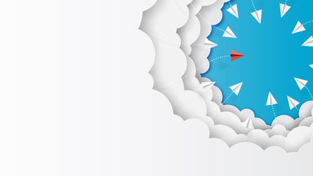Paper airplanes flying on clouds and blue sky.Paper art style of business leadership and teamwork creative concept idea.Vector illustration.のイラスト素材