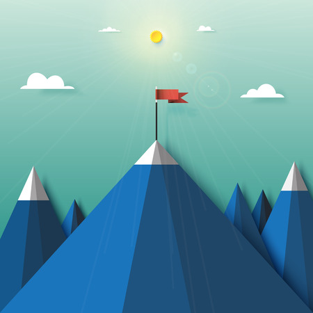 Paper art of red flag on peak of mountain outdoor landscape background.Business target and success concept.Vector illustration.のイラスト素材