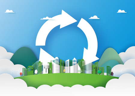 Paper art of recycle concept and green city background template.Ecology and environment conservation creative idea.Vector illustration.のイラスト素材